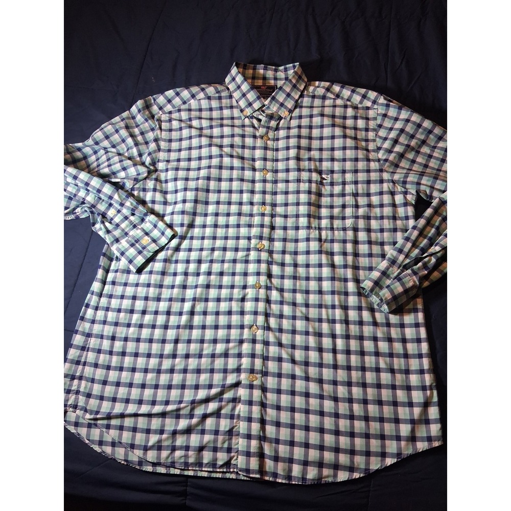 Vineyard Vine Performance Slim Fit Tucker Shirt Mens XL Green Blue Gingham Check